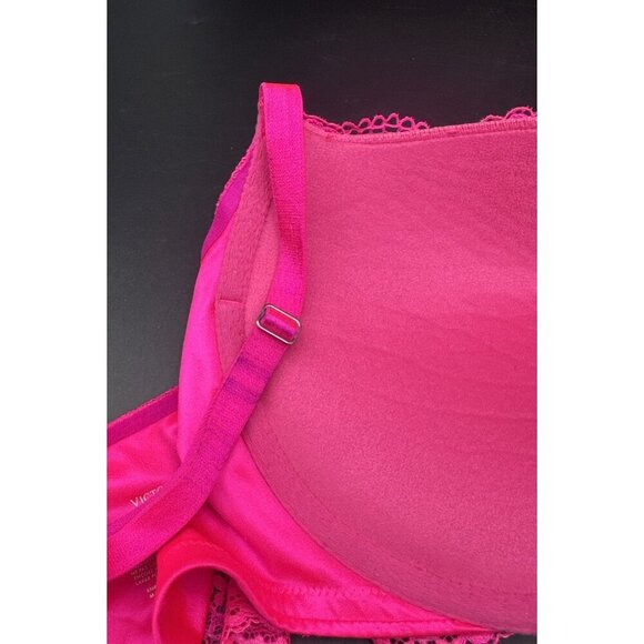 VICTORIA’S SECRET Plunge Hot Pink Lace Push Up Underwire Bra Sz 36D Sexy - Picture 11 of 12